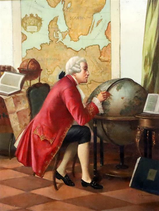 E. Ansen 18th century gentlemen at a writing table and studying a globe 37 x 29cm
